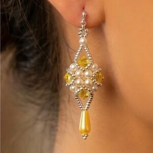 Elegant Silver and yellow Pearl Drop Earrings